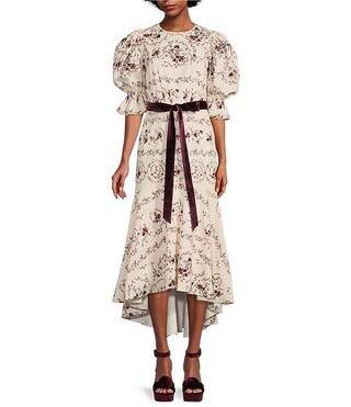 Antonio Melani x Nicola Bathie Emilia Floral Print Faille Jewel Neck Short Puff Sleeve Velvet Rib... | Dillard's