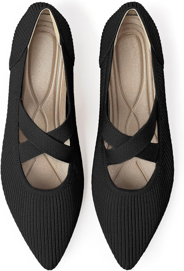 Women's Flats Shoes Pointed Toe Knit Washable Comfortable Dressy Mary Jane Ballet Flat with Strap | Amazon (US)