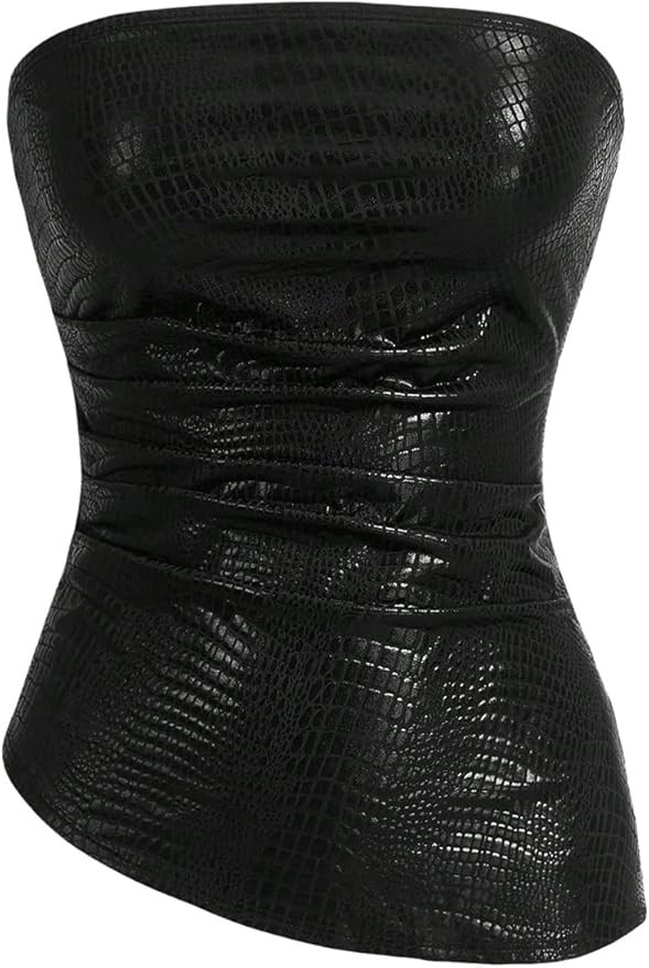 MakeMeChic Women's Faux Leather Strapless Tube Top Asymmetrical Ruched Fitted Bandeau Tops | Amazon (US)