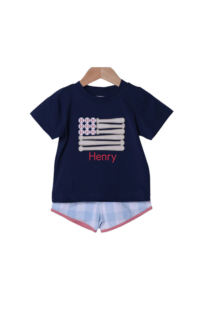 Applique Stars and Strikes Baseball Blue Gingham Short Set | The Smocked Flamingo