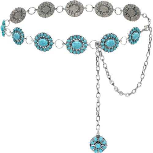 Xiokyo Turquoise Belt Silver Western Chain Belt Cowgirl Concho Belts for Women Dresses and Jeans | Amazon (US)