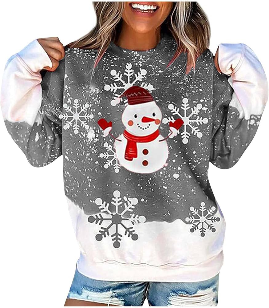Winter Clothes for Women Christmas Print Sweatshirt Casual Hoodies Cute Long Sleeve Tops Snowman ... | Amazon (US)