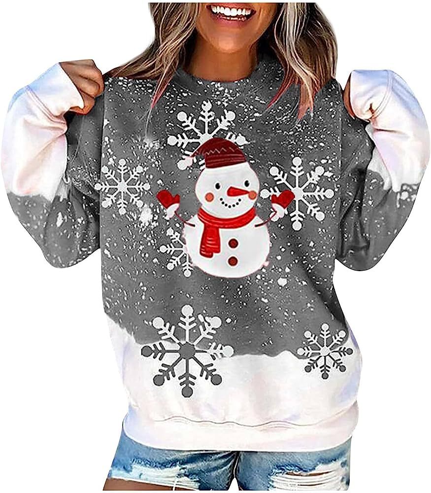 Winter Clothes for Women Christmas Print Sweatshirt Casual Hoodies Cute Long Sleeve Tops Snowman ... | Amazon (US)