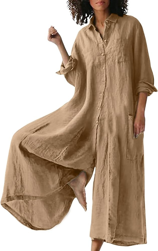 CHARTOU Women Linen Button Down Long Sleeve Wide Leg Jumpsuit Beach Palazzo Pants One Piece Jumps... | Amazon (US)