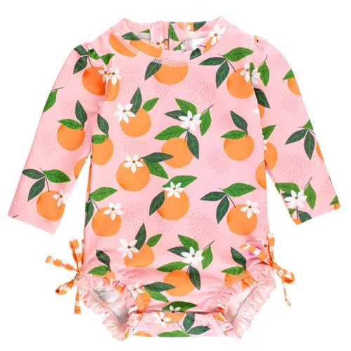 RuffleButts Baby Girls Long Sleeve UPF50+ One Piece Rash Guard in Orange You The Sweetest at Nordstrom, Size 18-24M | Nordstrom