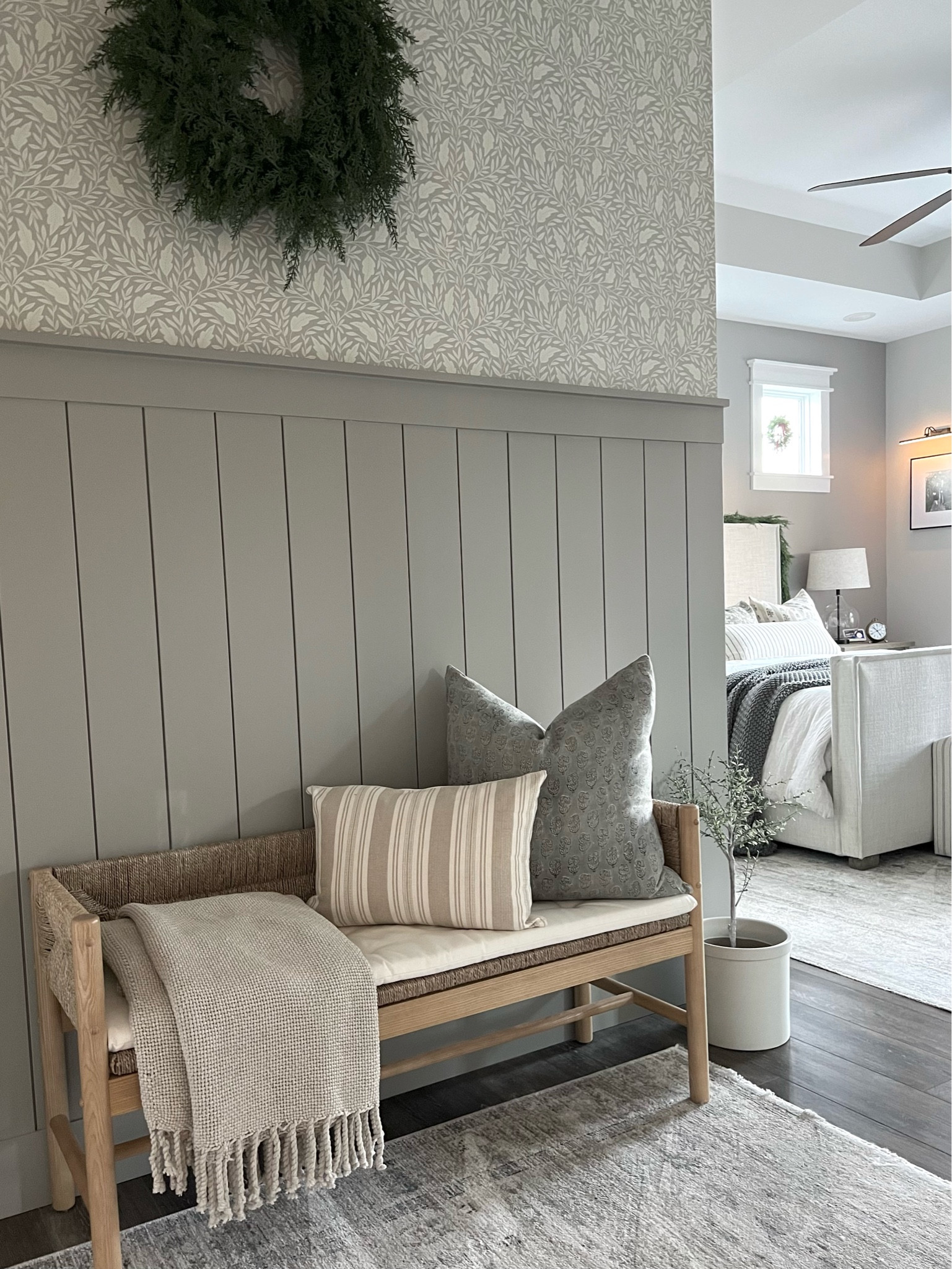 New pillow covers for my bench. 

Pillow covers / pillows / bench / studio mcgee / magnolia rug / cedar wreath / bedroom / upholstered bed 