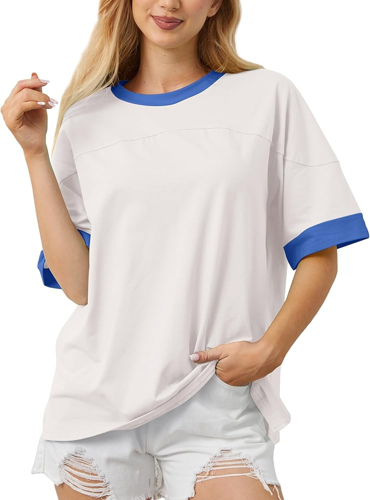Women Oversized Color Block Short Sleeve T Shirt Crewneck Patchwork Split Hem Shirt Casual Loose ... | Amazon (US)