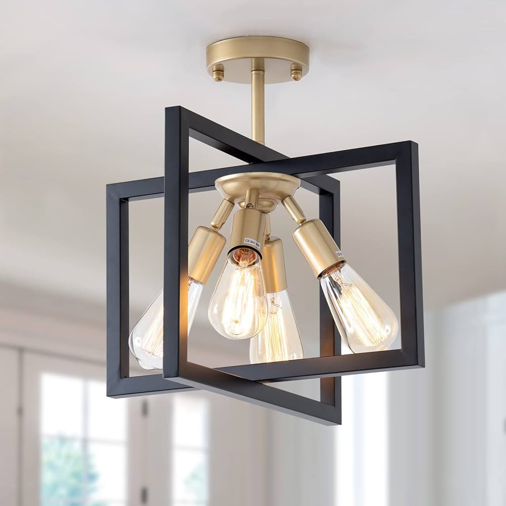 Farmhouse Industrial Ceiling Light Fixtures, 4-Light Vintage Modern Rectangle Black Gold Flush Mo... | Amazon (US)