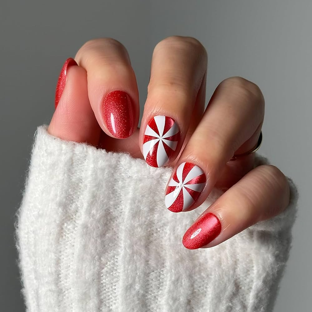 Glamnetic Press On Nails - Candy Crush | Short Oval Fake Nails with Candy Cane Swirl Design in a ... | Amazon (US)