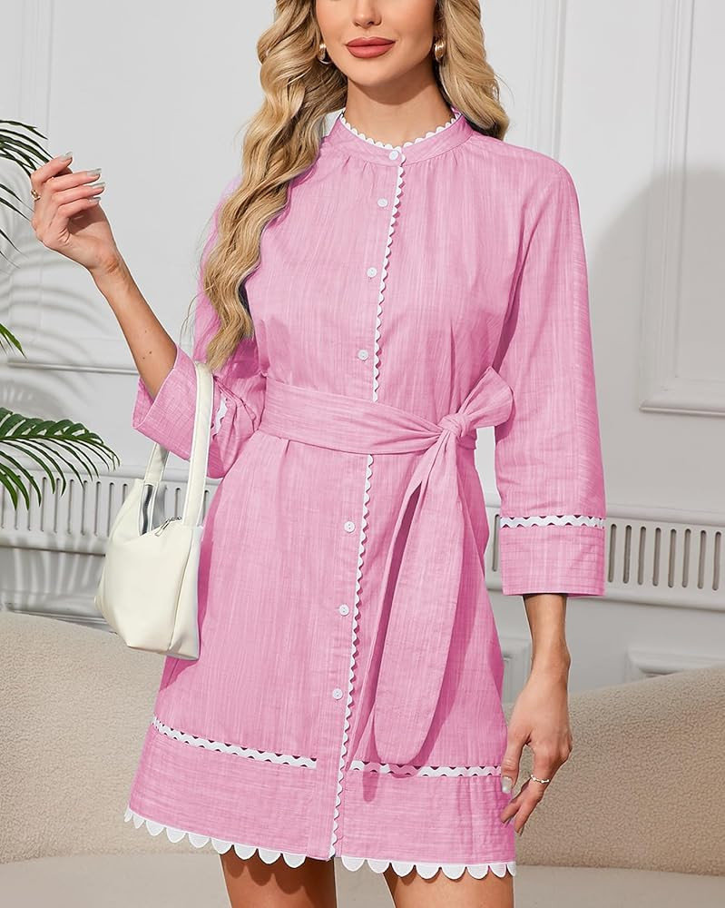Women's Button Down Shirt Dress Fall 3/4 Sleeve Belted Tunic Casual Cotton Linen RIC Rac Trim Min... | Amazon (US)