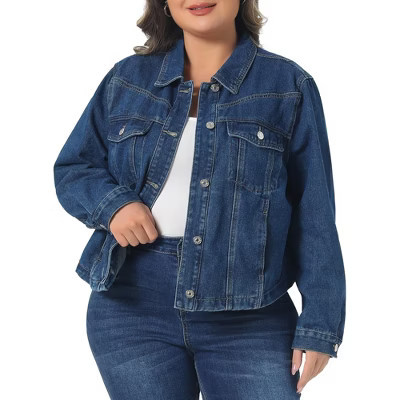 Women's Plus Size Button Down Lapel Long Sleeves Trendy Casual Jean Croped Denim Shacket Jacket with Pockets - Agnes Orinda 1X Blue | Target
