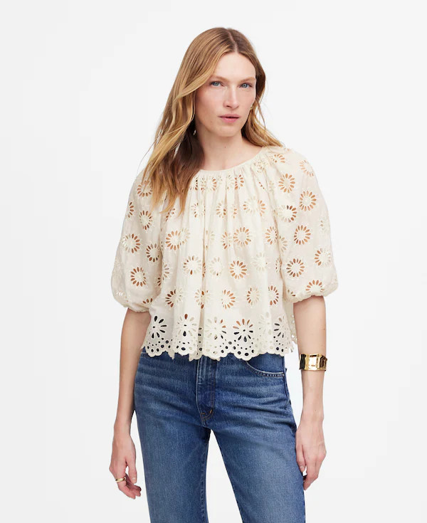 Embroidered Shirred Puff-Sleeve Top | Madewell