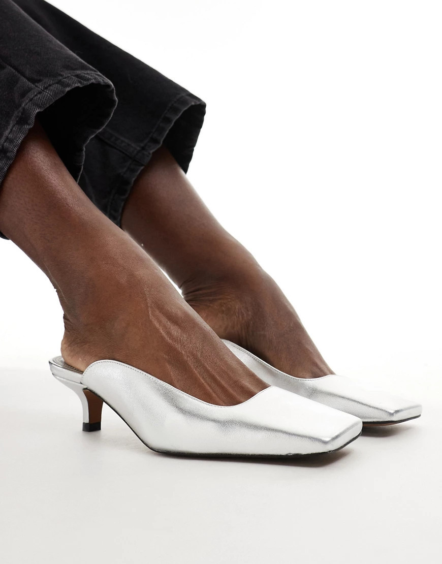 ASOS DESIGN Santiago premium leather squared toe mules in silver | ASOS (Global)