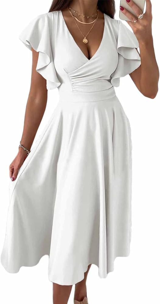 Dokotoo Women's V Neck Elegant Party Dress Short Sleeve Skater Dress Wedding Guest Dresses | Amazon (US)