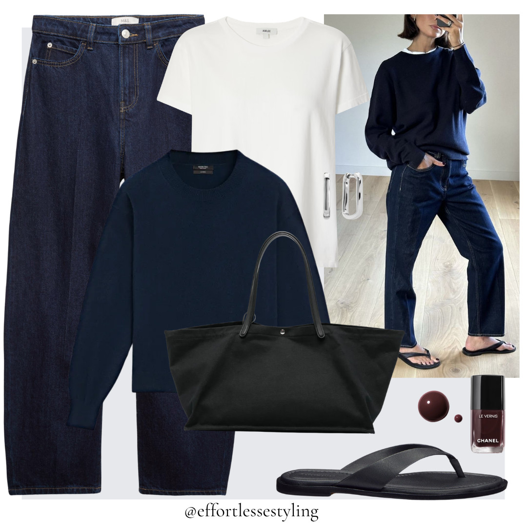Casual outfit for warmer Autumn days.

Navy cashmere jumper, white t-shirt, indigo barrel leg jeans, silver rectangular hoop earrings, black leather flip flops, burgundy nail varnish, black canvas bag with leather shoulder straps. 

 #LTKuk #LTKautumn #LTKjeans