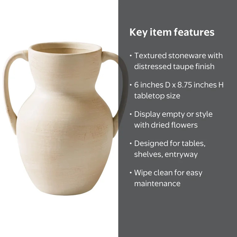 Better Homes & Gardens Ceramic Handled Distressed Vase, 8.75 in, Taupe | Walmart (US)