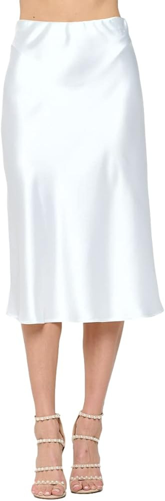 Women Solid High Waist Silky Casual Elastic Satin Midi Skirt - Made in USA (Available in Plus Siz... | Amazon (US)