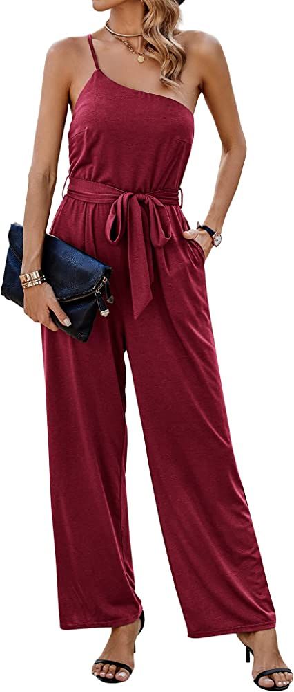 PRETTYGARDEN Women's 2023 Casual Summer Jumpsuits One Shoulder Strap Backless Belted Wide Leg Pan... | Amazon (US)