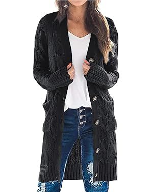 PRETTYGARDEN Long Sleeve Cable Knit Long Cardigan for Women 2024 Fall Winter Chunky Open Front Bu... | Amazon (US)