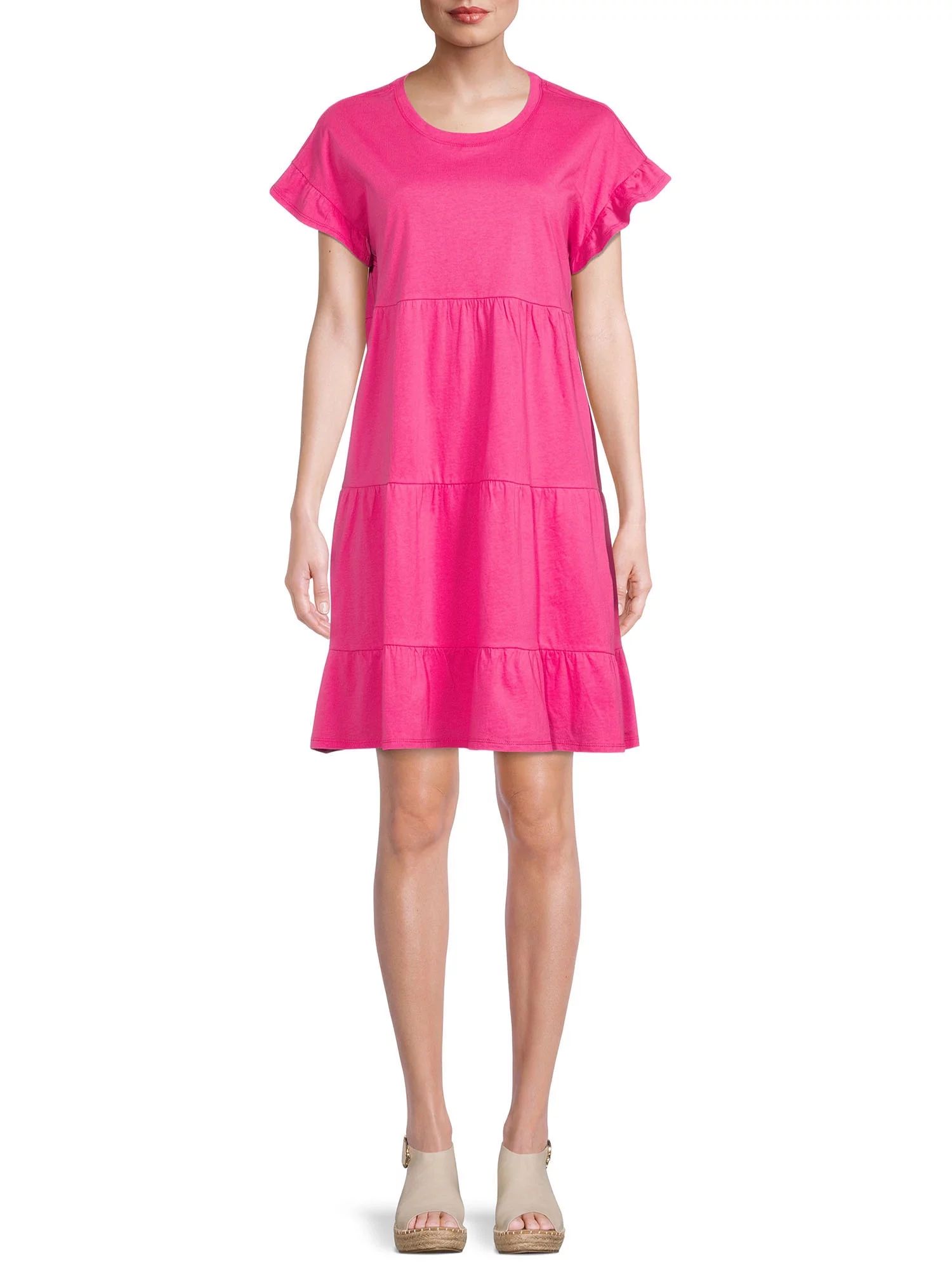 Time and Tru Women's Short Sleeve Flutter Tiered Dress | Walmart (US)