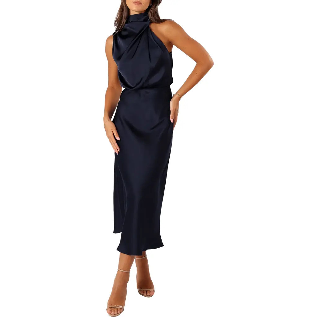 Petal & Pup Anabelle Mock Neck Satin Midi Dress in Navy at Nordstrom, Size X-Small | Nordstrom