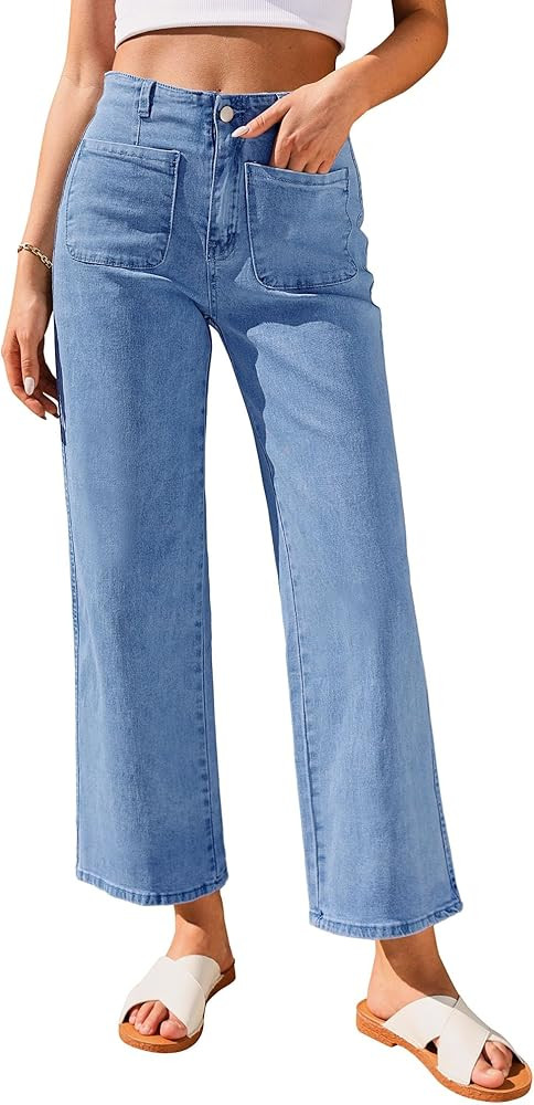GRAPENT Wide Leg Jeans for Women High Waisted Straight Leg Stretchy Cropped Denim Pants with Pock... | Amazon (US)