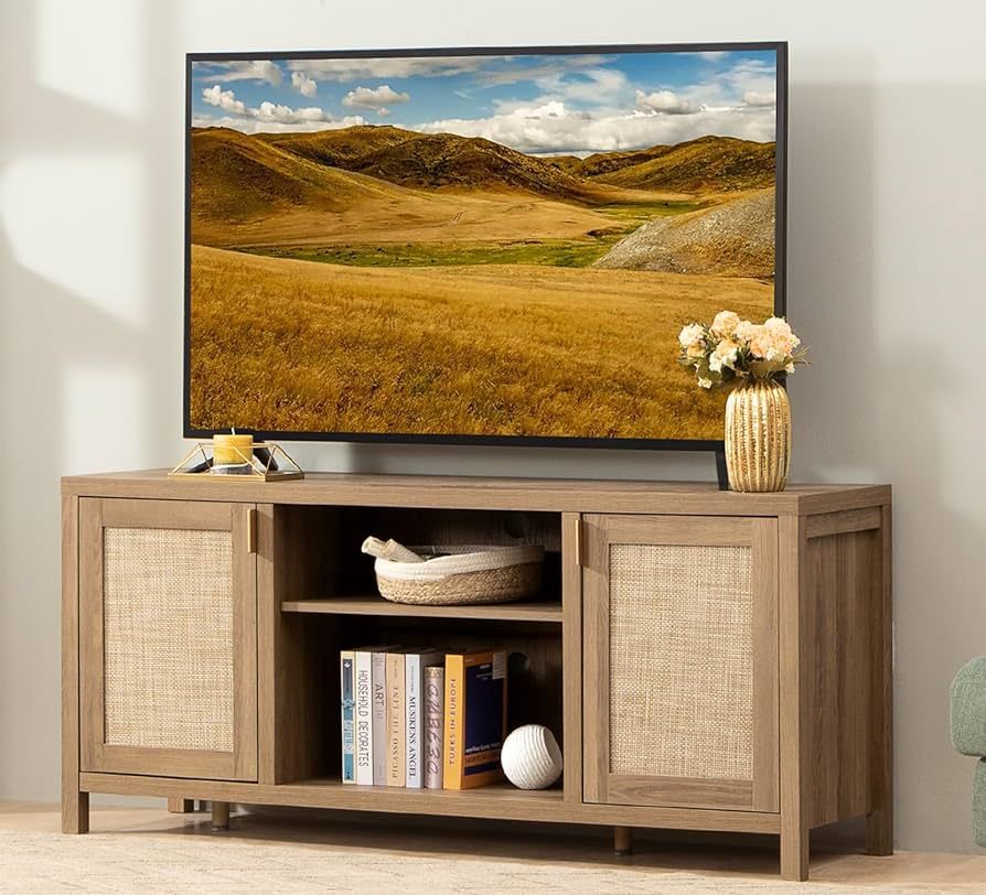 SICOTAS TV Stand for Living Room : Rattan TV Console Cabinet with Storage and Shelf, Boho Enterta... | Amazon (US)
