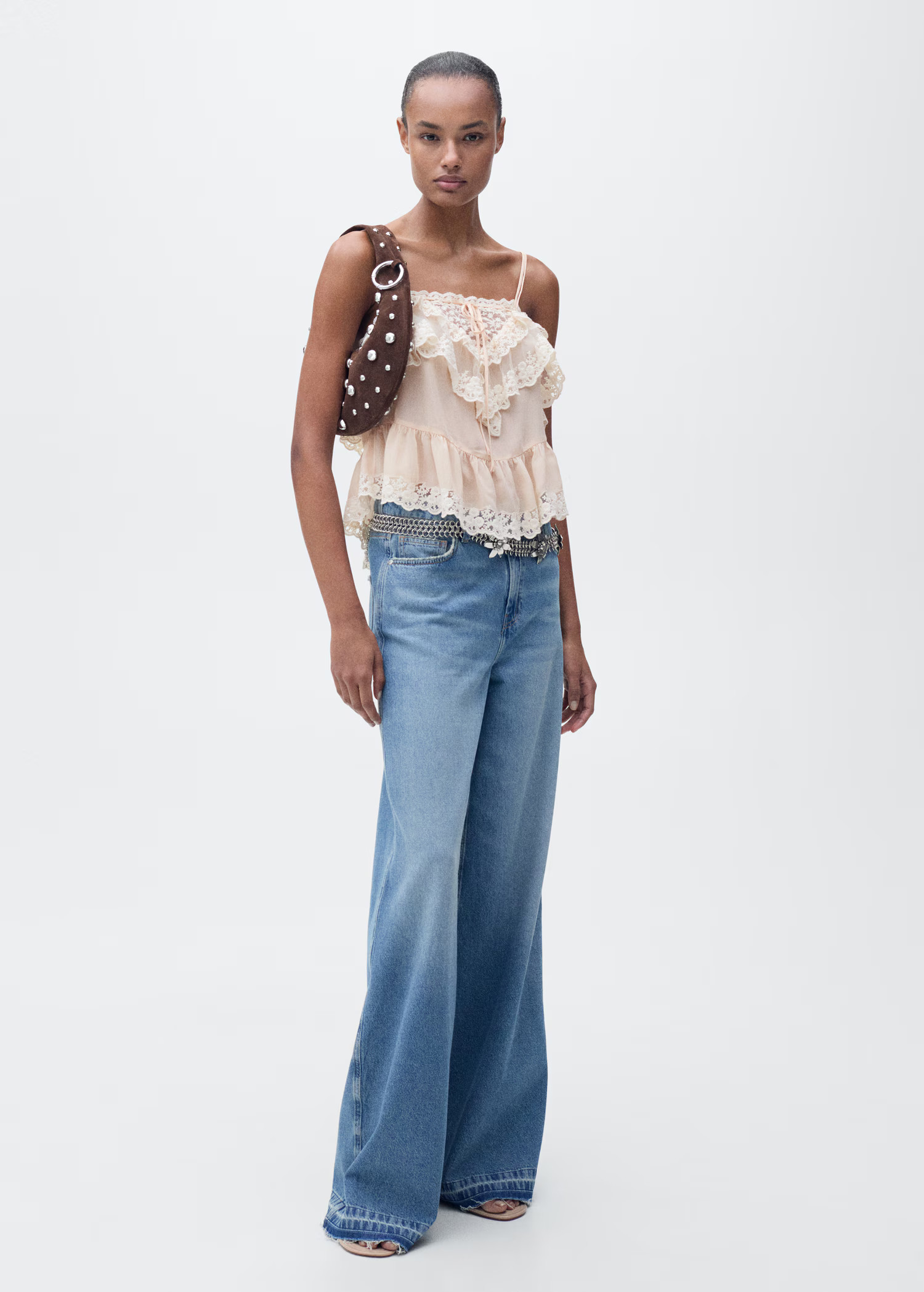 Ruffle top with lace detail - Women | MANGO United Kingdom | MANGO (UK)