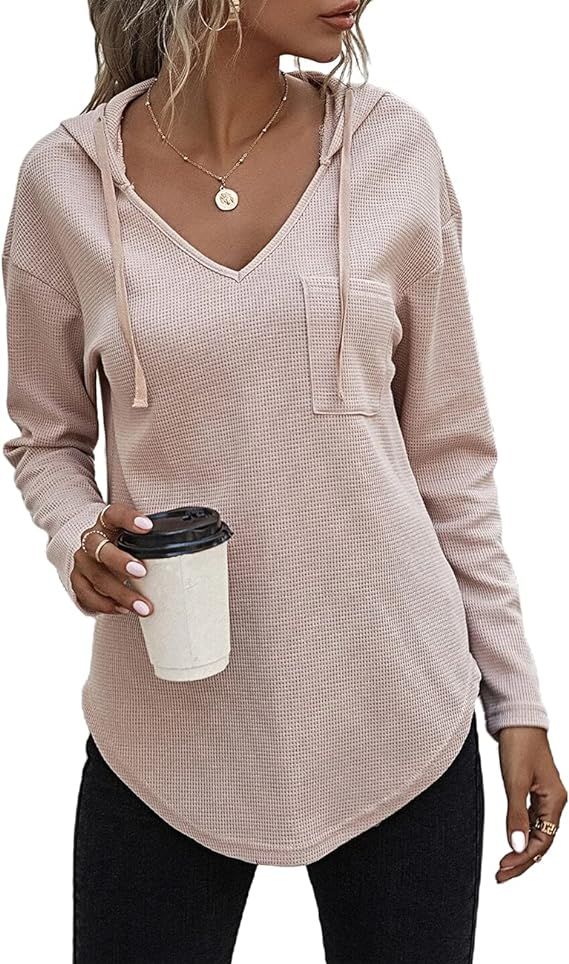 morhuduck Women's V Neck Hoodies Long Sleeve Sweatshirt Drawstring Pullover Tops with Pocket | Amazon (US)