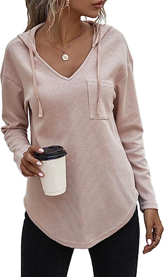 morhuduck Women's V Neck Hoodies Long Sleeve Sweatshirt Drawstring Pullover Tops with Pocket | Amazon (US)