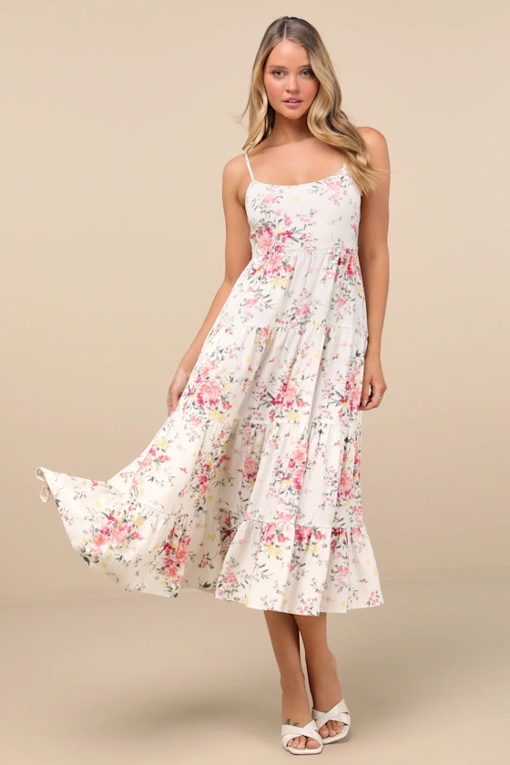 Mykonos Mood Pink and Ivory Floral Tie-Strap Tiered Midi Dress | Lulus