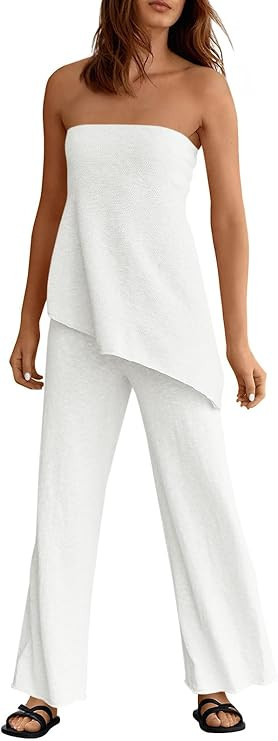 Tankaneo Womens 2 Piece Outfits Asymmetrical Tube Top Wide Leg Pants Knit Vacation Travel 2025 Ma... | Amazon (US)