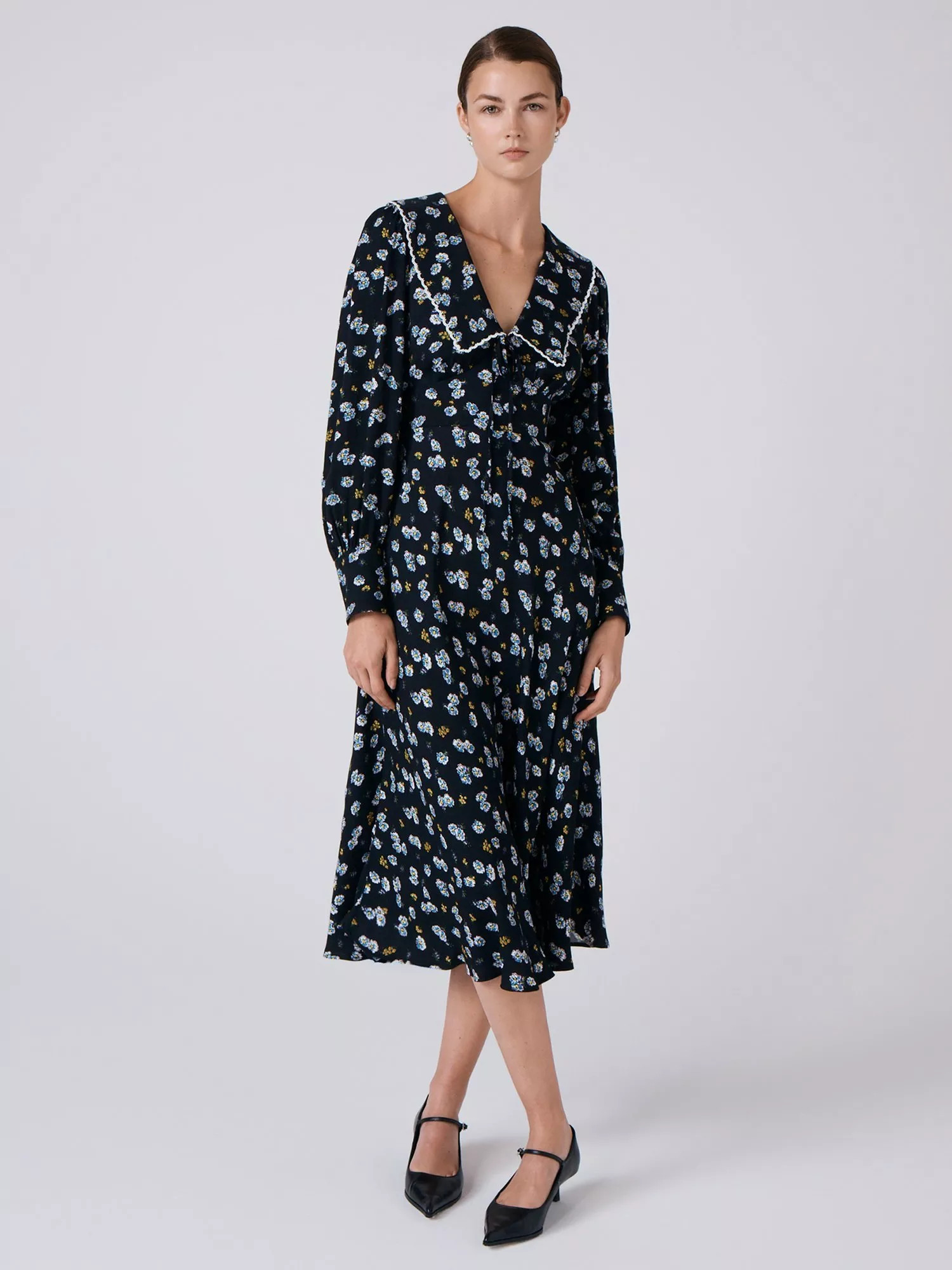 Ghost Ashley Floral Midi Dress, Black/Multi | John Lewis (UK)