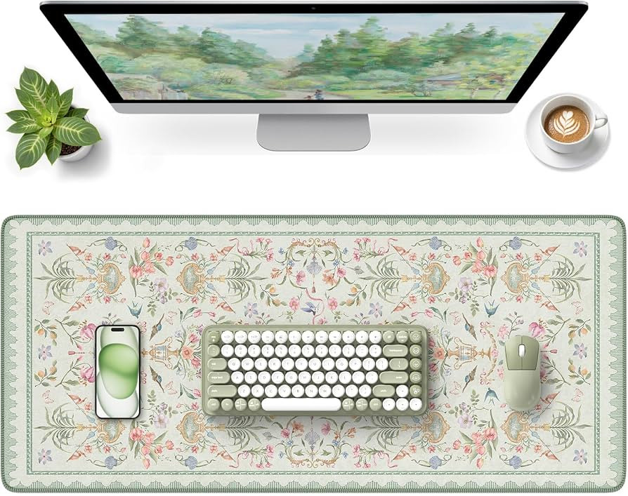 HAOCOO Green Desk Pad, 35.4" x 15.7" Vintage Floral Keyboard Mat for Office | Amazon (US)