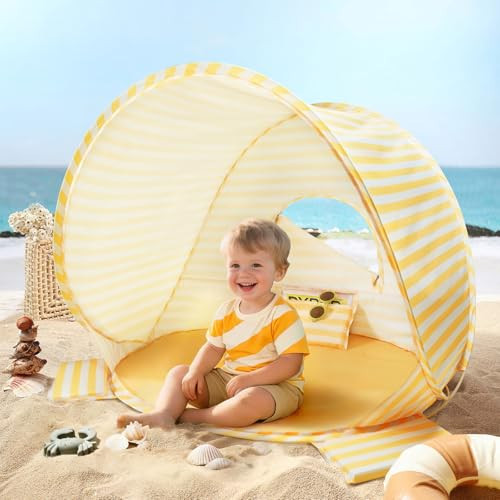 Tiny Land Baby Beach Tent – Pop Up Baby Tent with UV Protection, Portable Baby Beach Essentials, 35.4"x27.6"x31.5" Sun Shelter for Infants, Baby Summer Outdoor Use (Pastel Yellow Stripes) | Amazon (US)