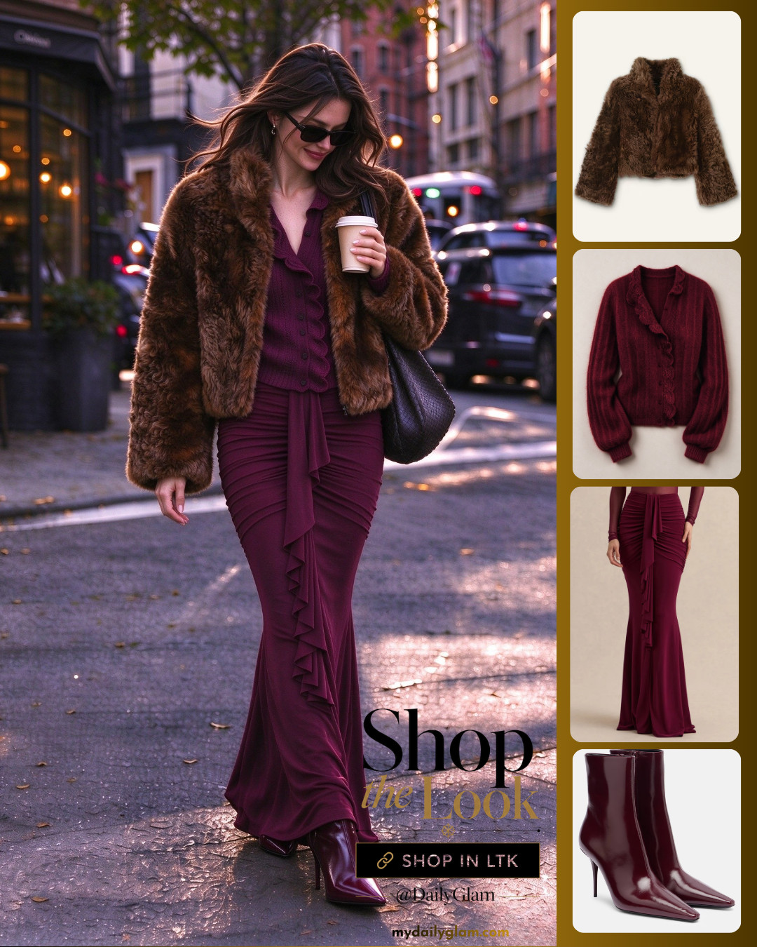My current favorite fall outfit combo 🥀
Nothing beats warm brown fur paired with rich burgundy tones.
Love how this cropped fur jacket elevates the ruffle knit top and ruched maxi skirt.
These burgundy heeled ankle boots tie everything together perfectly.
This look works for city walks, weekend brunch or evening date nights.
All pieces linked in bio if you want to recreate this look.
Who’s loving this fall color palette?👇

#FallOOTD #FallFashionInspo #BurgundyOutfit #FurJacketStyle #CityStreetStyle #FallOutfitIdeas #MaxiSkirtOOTD #DateNightOutfit #ChicFallOutfit #WomensFallStyle #OOTDFall #FallWardrobe #StreetStyleInspo #LuxuryFallStyle #FallColorCombo 

 #LTKootd #LTKOver40 #LTKWorkwear