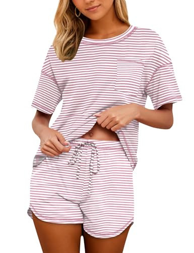 KCW 100 Cotton Pajamas for Women Soft Top and Shorts Sets Ladies 2 Piece Pjs Cute Crew Neck Short Sleeve Striped Light Pink M | Amazon (US)