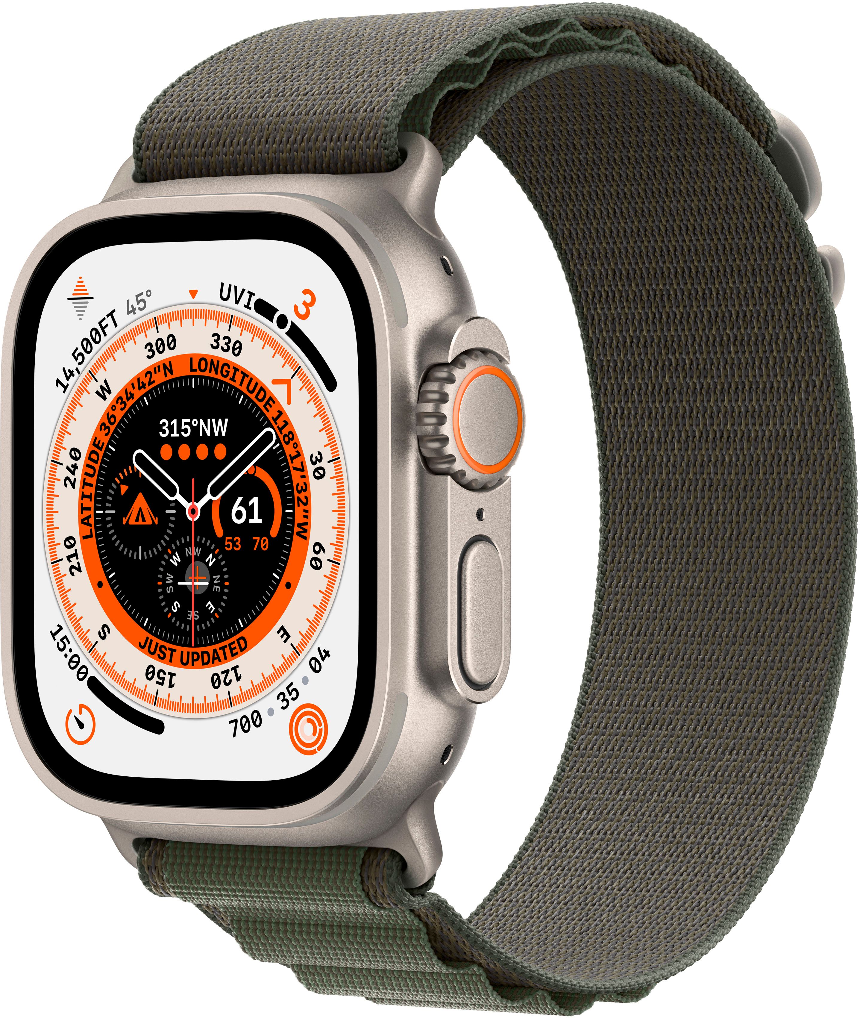 Apple Watch Ultra (GPS + Cellular) 49mm Titanium Case with Green Alpine Loop Medium Titanium MQEW... | Best Buy U.S.