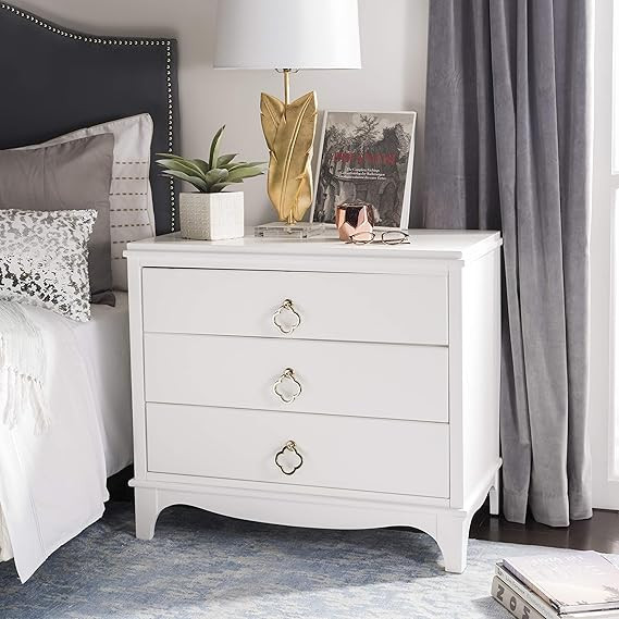 Safavieh Home Collection Hannon 3 Drawer Contemporary Nightstand, White/Brass | Amazon (US)