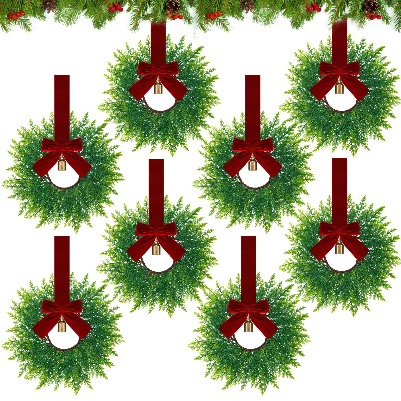 Dingion 8 Pcs 9.8" Small Christmas Cabinets Wreaths Mini Wreaths for Kitchen Window Chair Backs w... | Amazon (US)