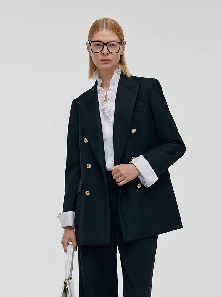 Worsted Wool Double-Breasted Women Blazer | GOELIA