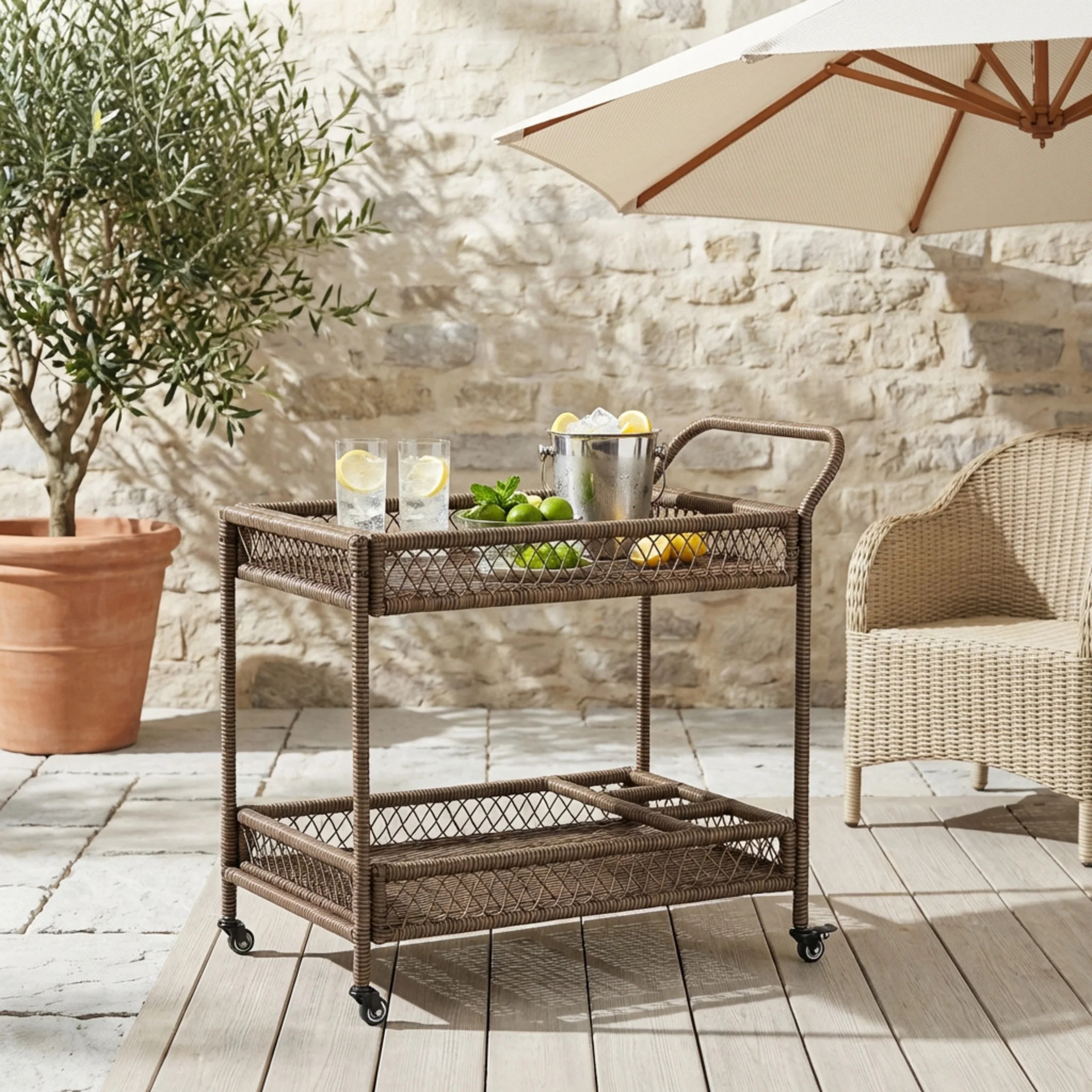Christopher Knight Home Outdoor Wicker Bar Cart with 2-Tier, Bottle Rack, Locking Casters, Dark B... | Walmart (US)
