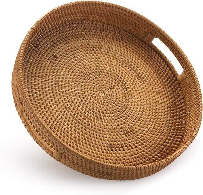 Coffee Table Tray Round Rattan Ottoman Tray Woven Serving Trays with Handles for Home and Kitchen... | Amazon (US)