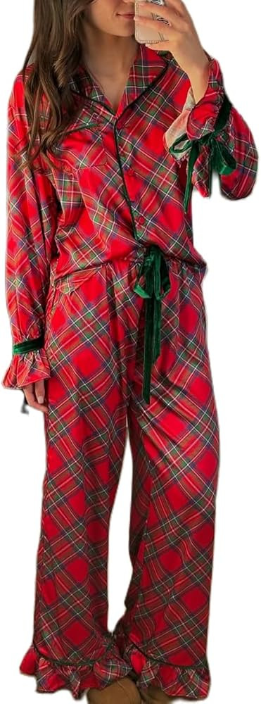 Holiday Bow Pajamas for Women Satin Silk 2 Piece Cute Festival Print Pjs Long Sleeve Button Shirt... | Amazon (US)