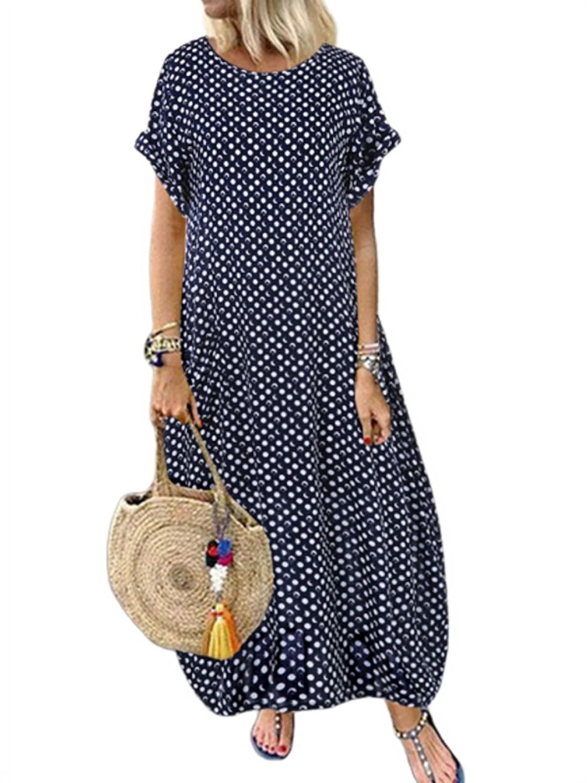 ZANZEA Women O-Neck Short Sleeve Dot Printing Dress With Pockets Maxi Dress | Walmart (US)