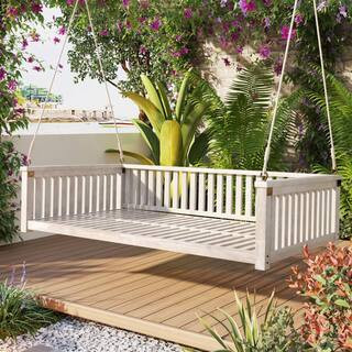 Wood Outdoor Garden Swing Bed Wood Porch Swing with Ropes for Backyard, Safe Sloped Design, White | The Home Depot