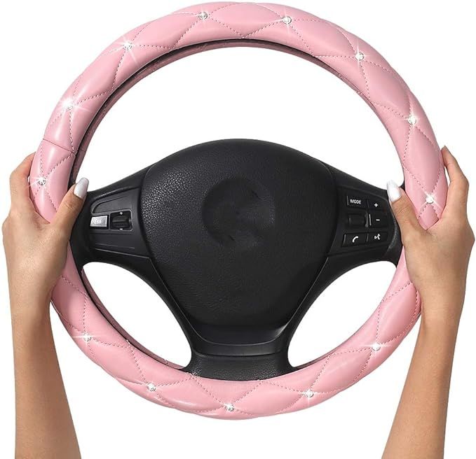 YOGURTCK Cute Diamond Soft Light Pink Leather Anti-Slip Steering Wheel Cover with Bling Bling Cry... | Amazon (US)
