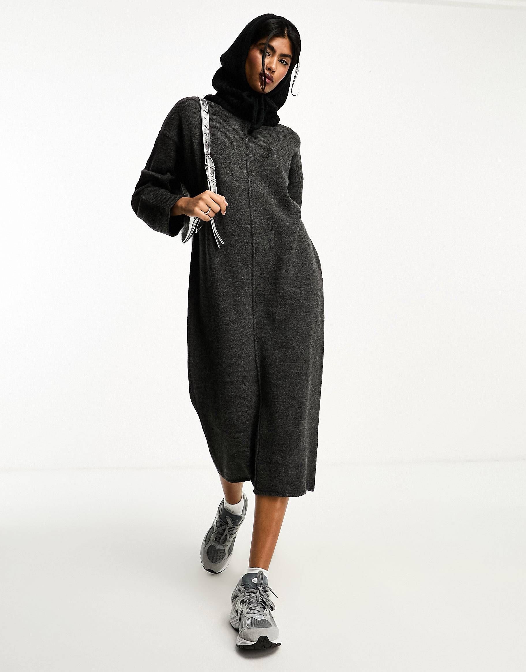 ASOS DESIGN oversized knitted midi dress with crew neck and seam detail in charcoal | ASOS (Global)