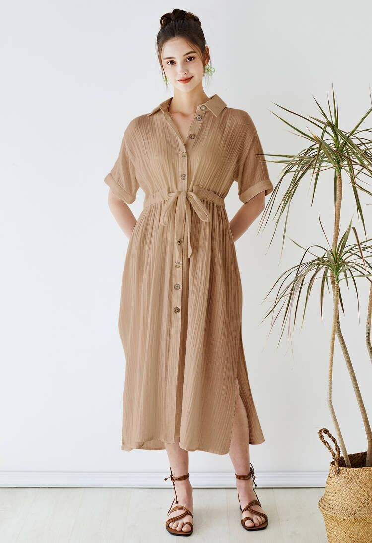 Sunshine Fun Time Button Front Shirt Dress in Tan | Chicwish