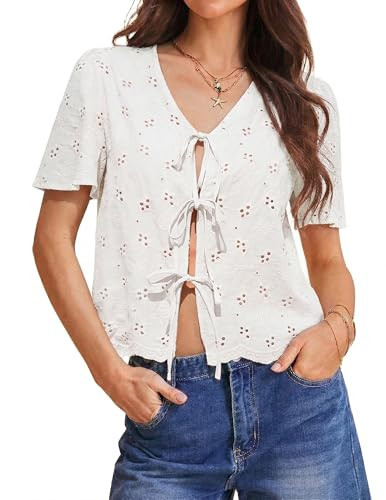 Totatuit Women Tie Front Tops Trendy Summer Beach Shirts Loose Fit Blouses Eyelet Top White | Amazon (US)